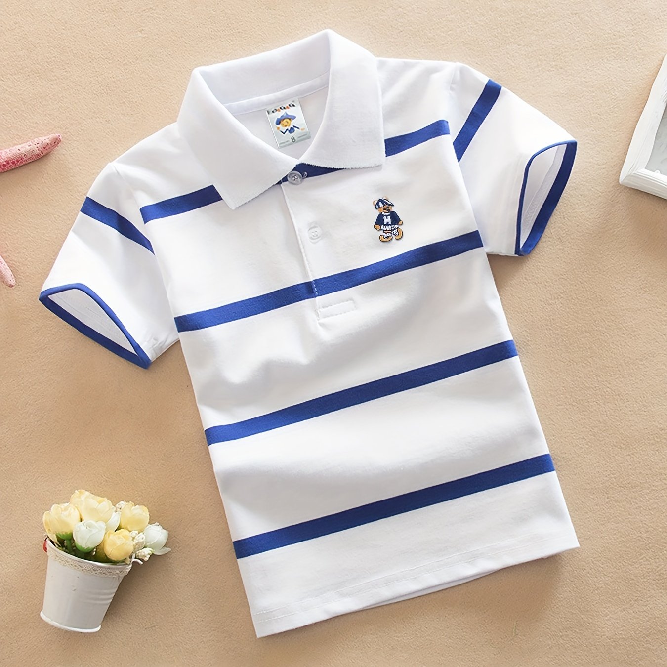 DEBAIJIA Boys' Striped Shirt - 100% Cotton, Breathable & Comfortable Short Sleeve Top with Blue and White Collar, Ideal for Summer