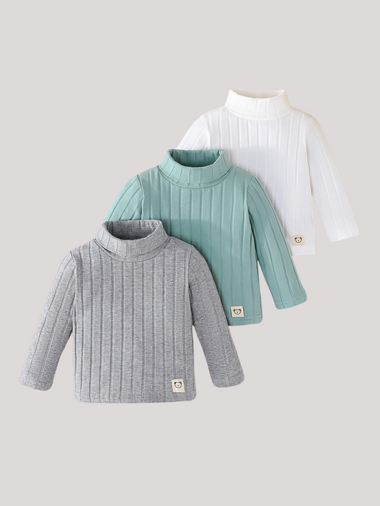 3pcs Boys' Turtleneck Long Sleeve Tees with Badge Detail