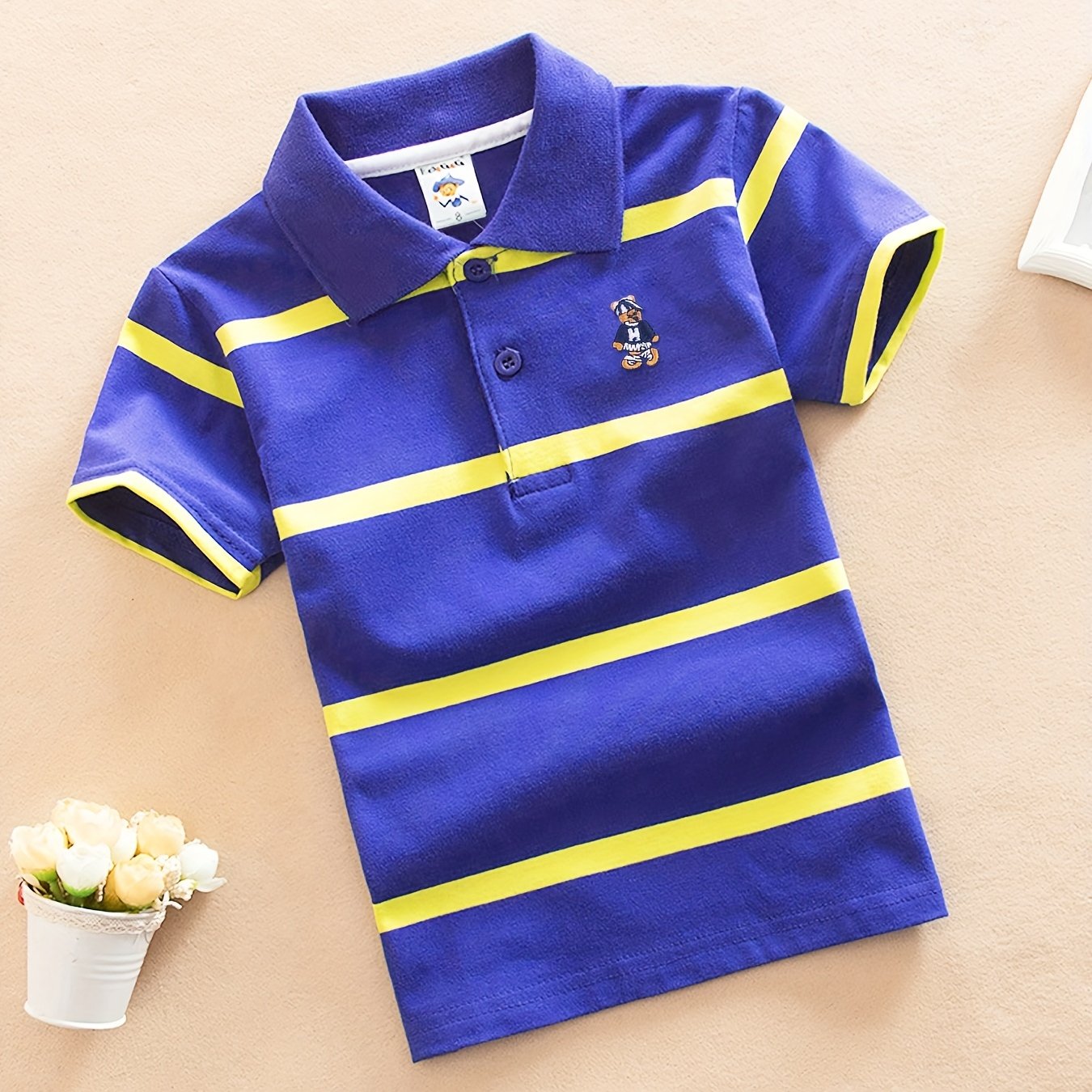 DEBAIJIA Boys' Striped Shirt - 100% Cotton, Breathable & Comfortable Short Sleeve Top with Blue and White Collar, Ideal for Summer