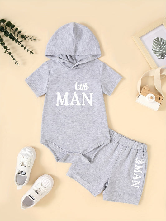 Two-piece Youngsters's Boys Summer Gray Hoodie with Letter Print Short Sleeve + Gray Shorts, Perfect for Outdoor