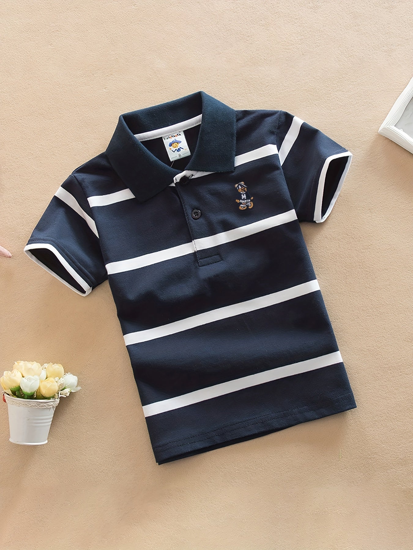 DEBAIJIA Boys' Striped Shirt - 100% Cotton, Breathable & Comfortable Short Sleeve Top with Blue and White Collar, Ideal for Summer