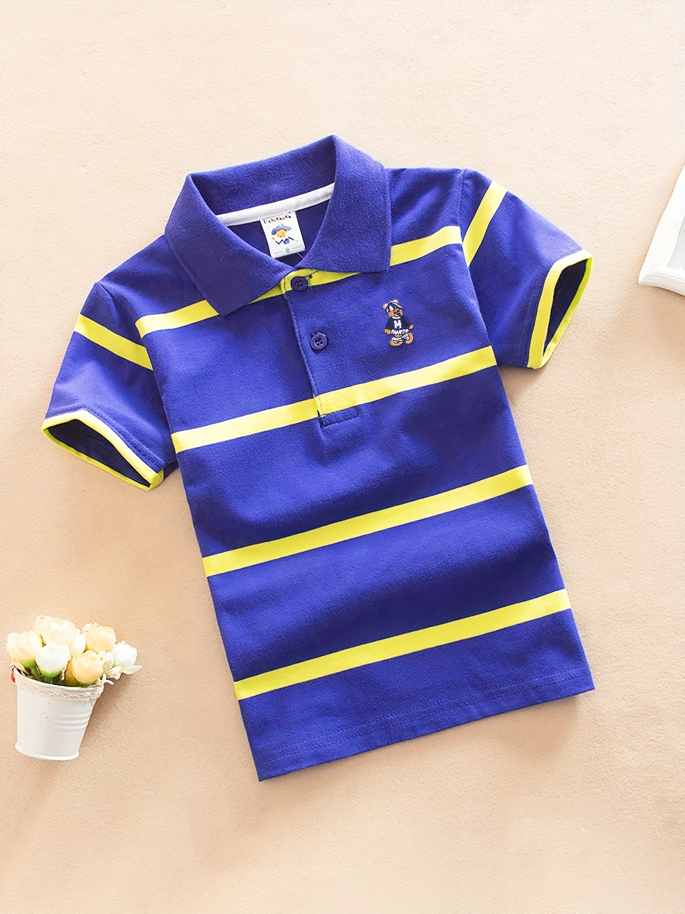 DEBAIJIA Boys' Striped Shirt - 100% Cotton, Breathable & Comfortable Short Sleeve Top with Blue and White Collar, Ideal for Summer