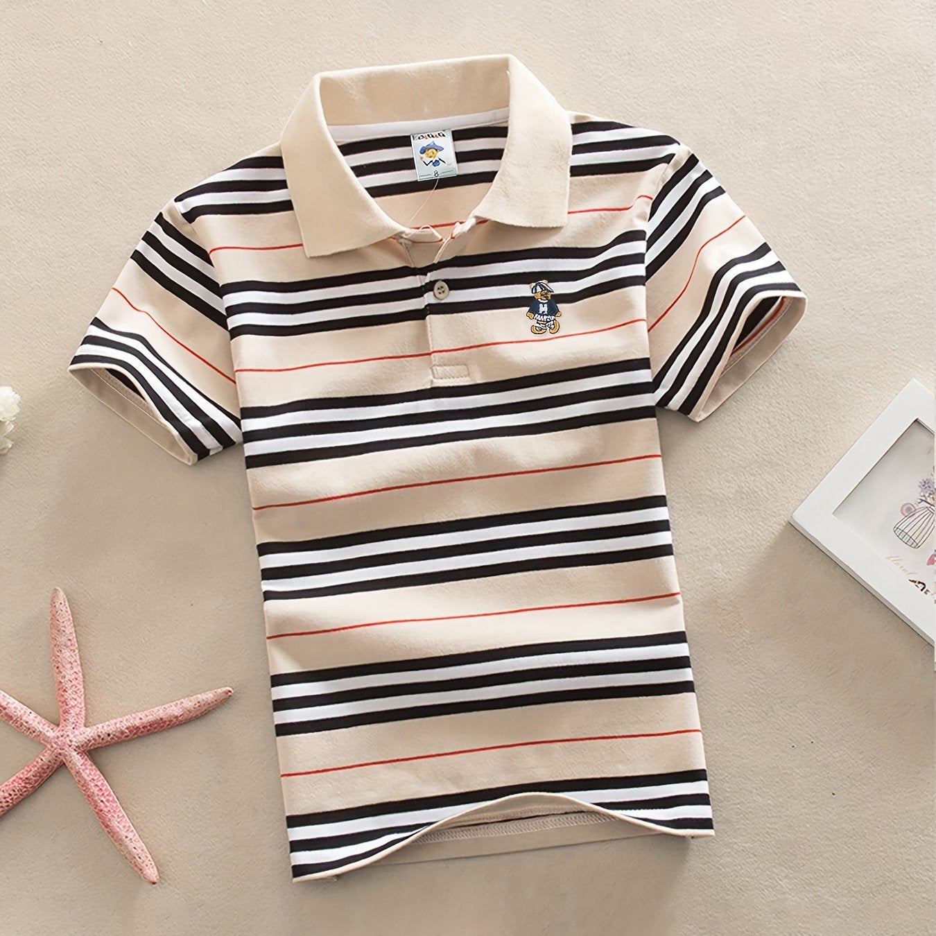 DEBAIJIA Boys' Striped Shirt - 100% Cotton, Breathable & Comfortable Short Sleeve Top with Blue and White Collar, Ideal for Summer