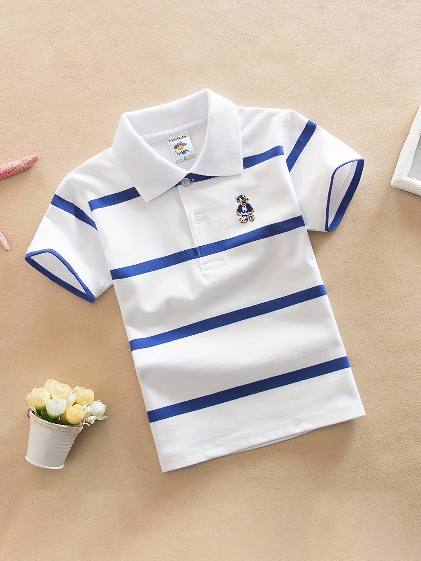 DEBAIJIA Boys' Striped Shirt - 100% Cotton, Breathable & Comfortable Short Sleeve Top with Blue and White Collar, Ideal for Summer