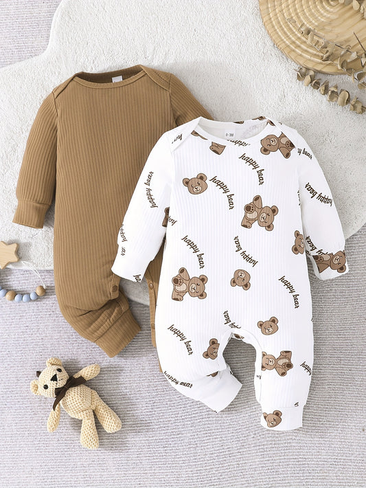 Ribbed Jumpsuit + Cartoon Koala Pattern Long Sleeve Romper, 2pcs