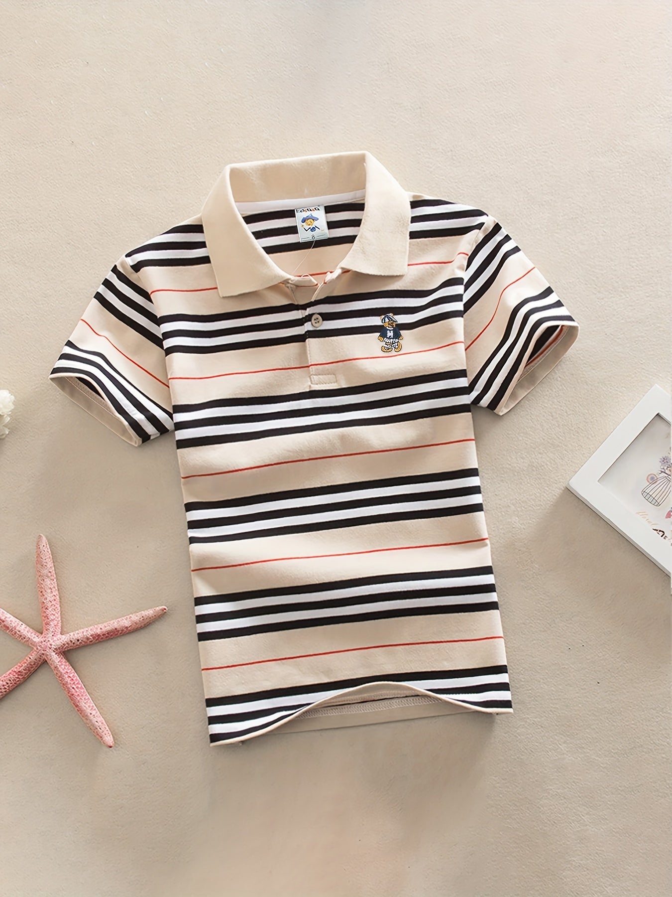 DEBAIJIA Boys' Striped Shirt - 100% Cotton, Breathable & Comfortable Short Sleeve Top with Blue and White Collar, Ideal for Summer