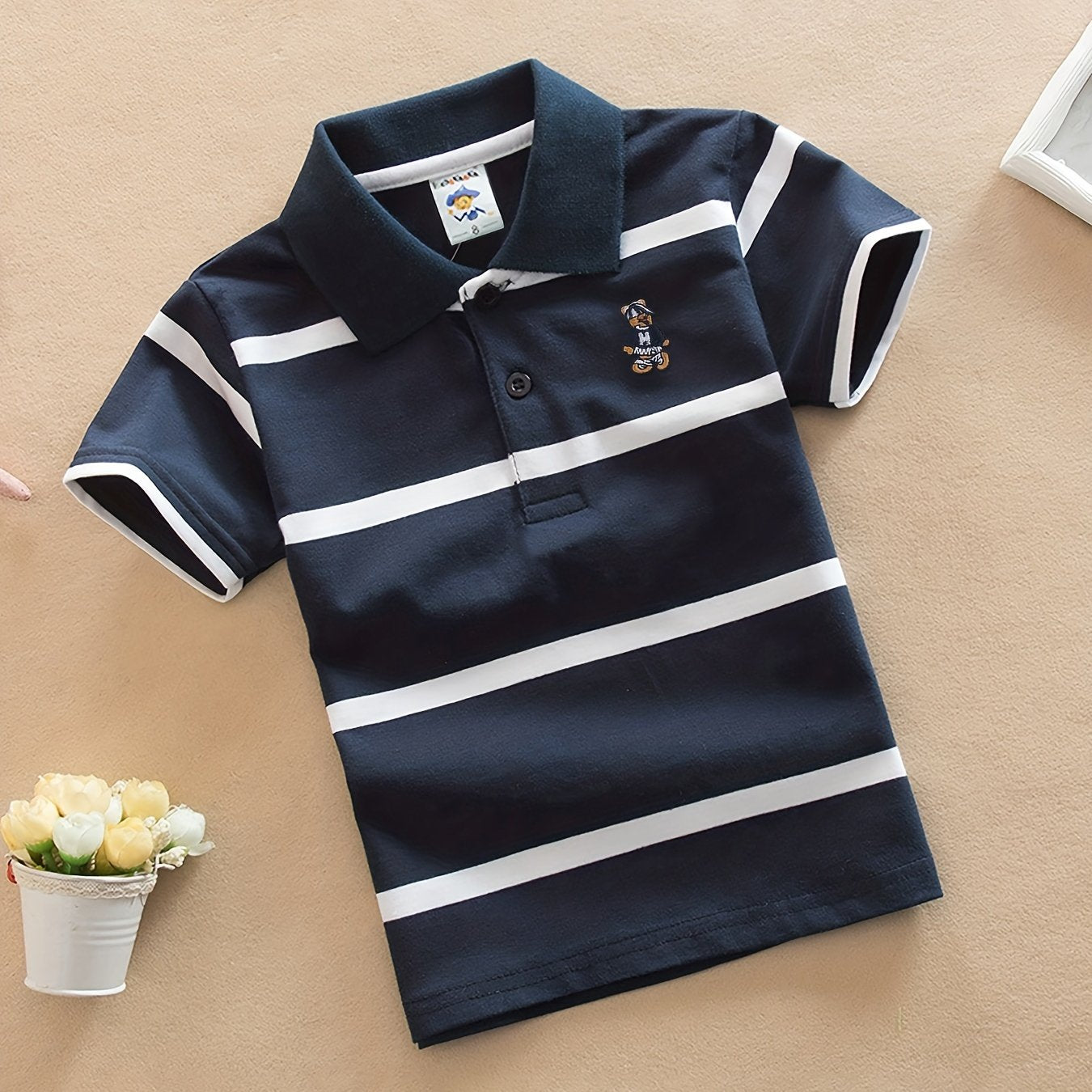 DEBAIJIA Boys' Striped Shirt - 100% Cotton, Breathable & Comfortable Short Sleeve Top with Blue and White Collar, Ideal for Summer