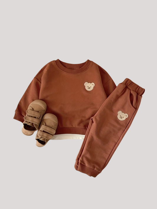 Kids' Cute Bear Embroidered Cotton Blend Tracksuit