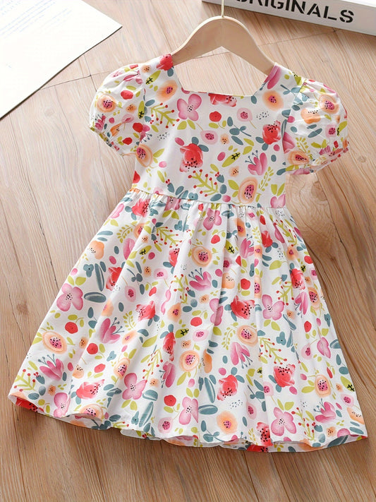 Summer Girls Casual Cute Floral Print Puff Sleeve Dress